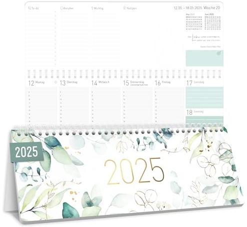 Häfft® Wochen-Tischkalender 2025 quer zum Aufstellen Blattgold 1 Woche 2 Seiten, Schreibtisch-Kalender mit Aufsteller, Wochenkalender 29,7 x 11,6 cm - nachhaltig & klimafreundlich