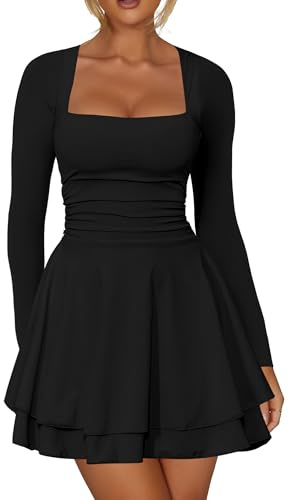 Kaximil Women's Square Neck Ruffle Hem Mini Dress Ruched Waist Long Sleeve Corset Short Party Dresses, Large, Black