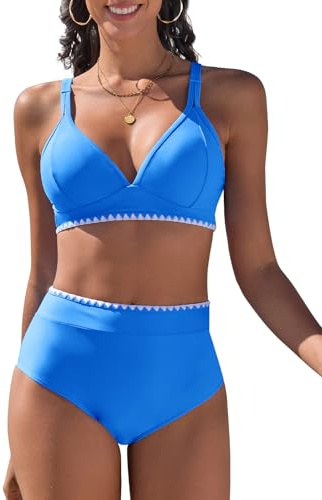 Vijamiy Costume Donna Due Pezzi Vita Alta Costumi da Bagno Push Up Sexy Bikini Mare Imbottito Reggiseno con Pizzo Bianco(Blu,L)