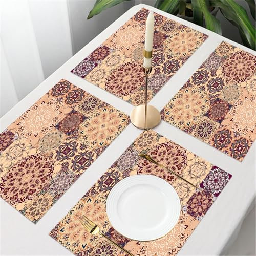 UREJD Table Mats Set of 4,Moroccan, large colored ceramic tiles vintage Arabesque authentic design,Place Mats Table Placemats Washable Non-slip Heat Insulation Mats for Kitchen Indoor Party 12x18in