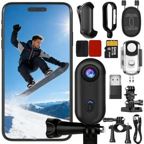Rhayle Action Camera 4K con azione per pollice 64G Piccolo supporto per corpo ovunque Piccola fotocamera con clip a molla a 360° Registrazione video portatile POV a mani libere per ciclismo Casco