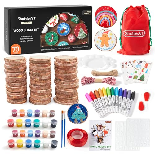 Shuttle Art 360 PCS Unfinished Wooden Ornaments, 130 PCS Wood Slices for Crafts, with 13 Styles Wooden Christmas Shapes for Crafting, Jute Twines, Bells and Markers, DIY Christmas Hanging Decoration