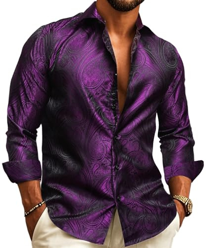 Barry.Wang Chemise habillée pour homme en soie cachemire à manches longues boutonnée grande et grande chemise tendance loisirs fête de mariage bal, Violet, L
