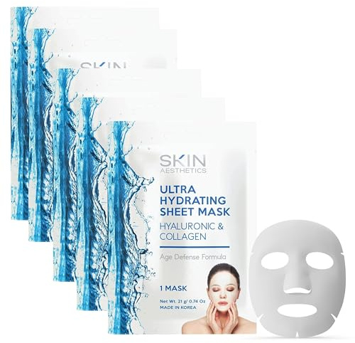 Hudestetik hyaluron- och kollagenark ansiktsmask – huduppstramande, anti-aging, fuktgivande och fyllig – hudläkartestad koreansk hudvård – ren skönhet, grymhetsfri – 5 masker