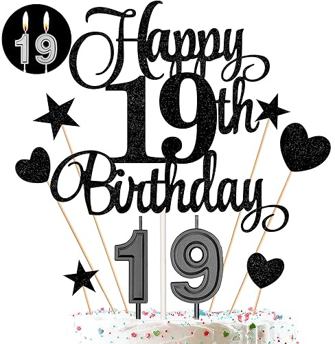 19th Birthday Cake Decorations Set Include 19th Birthday Candles Numeral 19 Cake Candles and Happy 19th Birthday Cake Toppers with Heart Star Cupcake Picks for Birthday Party (Black Series)