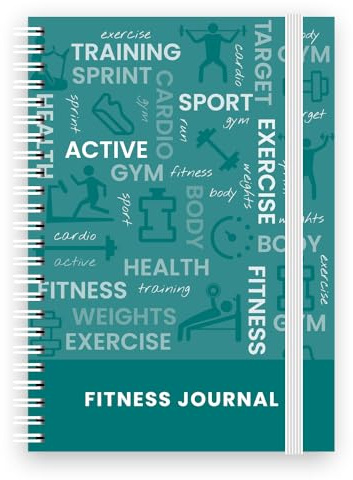 Fitness & Workout Journal/Planner Notebook -Includes Exercise Logs, Body Tracker & Notes pages: A5 Spiral Patterned Cover, 134 Themed Pages & Cover Elastic (Teal))