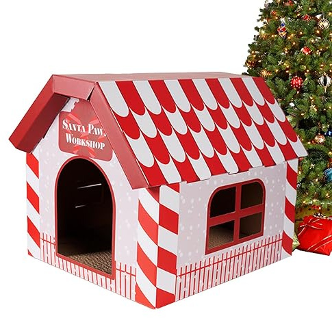 Pacienjo Maison à gratter pour Chat | Maison pour Animaux avec grattoir - Maison pour Animaux avec griffoir, détachable et Pliable, Multi-fenêtres, thème de Noël pour et Chats