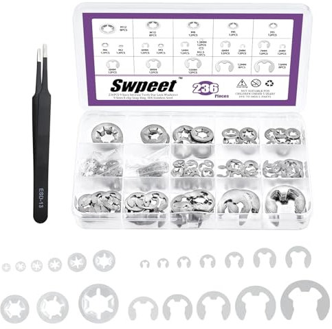 Swpeet 236 arandelas de seguridad de acero inoxidable 304 con pinzas, juego de surtido de resorte, tuercas de seguridad, clips de velocidad, anillos de seguridad para engranajes, juntas