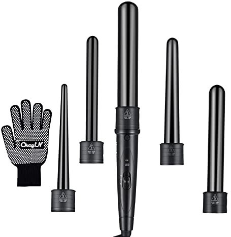 CkeyiN Ceramic Curling Wand, 5 in 1 Hair Curlers Wand with Temperature Control Professional Hair Curler for Long Short Thick Fine Hair with Heat Resistant Glove Curing Tong