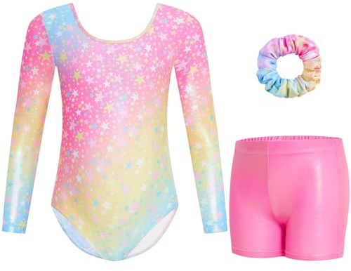 Gogokids Maillot de gimnasia de tres piezas para niña, de manga larga, con pantalones cortos y cinta para el pelo, ropa de gimnasia con diseño degradado para 8-9 años, arcoiris, 130(120-130 cm,8-9Y)