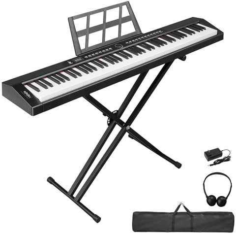 LALAHO E-Piano 88 Tasten Halbgewichteten, Klavier Digital Piano für Anfänger, Full Size Keyboard Piano mit Doppelrohr-X-Ständer, Sustain-Pedal, Notenständer, Kopfhörer, Bluetooth MIDI, Schwarz