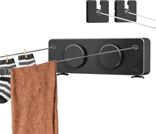 Tendedero retráctil mejorado de alta resistencia, máximo 4,2 m - Antihundimiento, montado en la pared, para interiores y exteriores, con cuerda de acero inoxidable y sistema de poleas (negro, línea