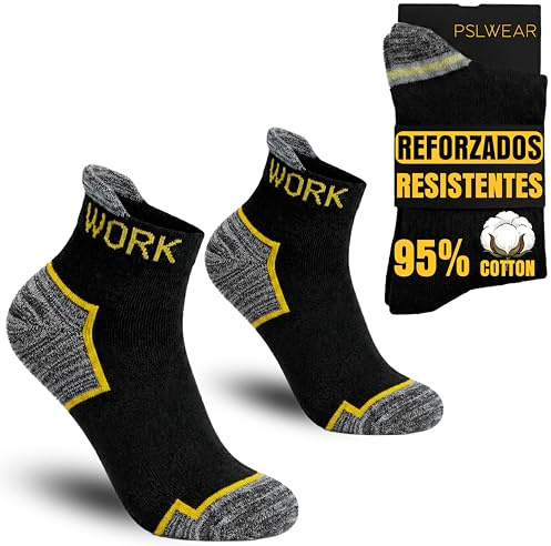 PSL WEAR Calcetines Trabajo Hombre Cortos | 95% Algodón Rizo | Calcetines Tobilleros Hombre WORK Socks con Rizo Acolchado Técnico con Talón y Puntera Reforzados para Verano, Obra, Taller y Almacén