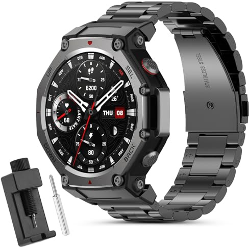 CHULN Kompatibel med Amazfit T-Rex 3-armband, justerbart ersättningsarmband i rostfritt stål för smartklocka. (Värd)