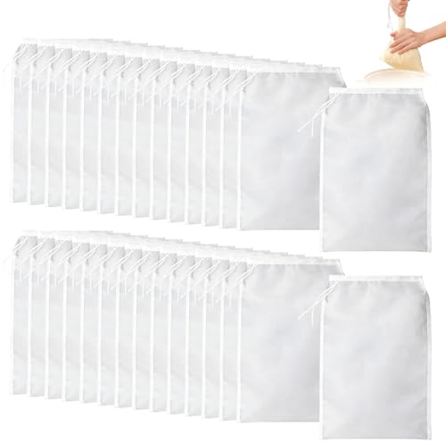 30 Stück Nussmilchbeutel, 100 Mesh 20×30cm Passiertuch Wiederverwendbar Feingewebt Nylon Filterbeutel mit Kordelzug, Cheesecloth für Nussmilch, Kaffee, Joghurt, Fruchtsaft, Käse