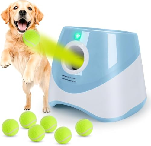 Rilltea Lanzador de Pelotas para Perros, Máquina Lanza Pelotas Perro Automático Juguete Interactivo Perro con 3 Pelotas de Tenis,Ajustables Anchos de Lanzamiento,para Perros para Interior y Exterior