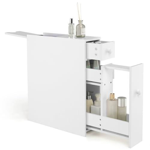 COSTWAY Armadio Sottile di Stoccaggio per Gabinetto, Armadietto Laterale da Bagno Multiuso in Legno, Bianco (Bianco1)