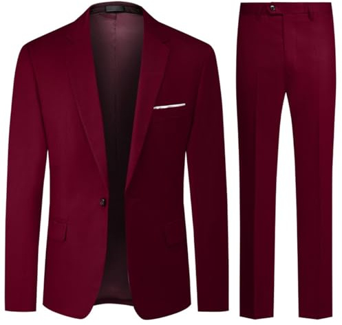 Allthemen Abiti da Uomo 2 Pezzi Abito da Sposa Regular Fit Abito da Lavoro con Un Bottone Vino Rosso L