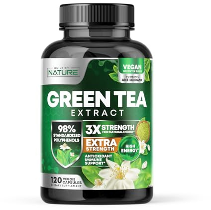 Built by Nature Green Tea Extract 1000mg – High Potency Supplement with 98% Polyphenols, 75% Catechins & 45% EGCG – Natural Energy Support – Non-GMO – 120 Capsules