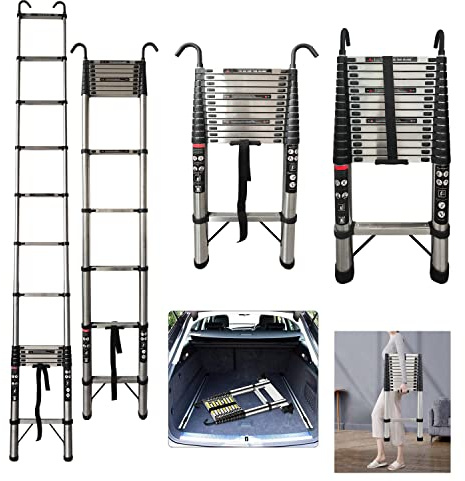 Telescopic Ladder 5M/16.4FT Multi-Purpose Folding Steel Telescoping Ladder Extendable Portable Loft Ladder Resistant Foldable Ladder with EN131, Corrosion Resistant