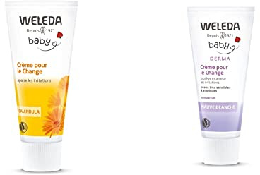 WELEDA - Crème pour le Change au Calendula - Recommandée par les Pédiatres - Apaise les Irritations - Tube 75 ml & Crème pour le Change à la Mauve Blanche Weleda Baby Derma - Tube 50 ml