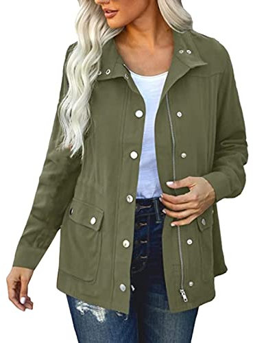 Veste Saharienne Femme Militaire Manteau Court Printemps Élégant Blouson avec Fermeture éClair Bouton Pression Legere Veste Mi Saison Casual Manches Longues Jacket Poches