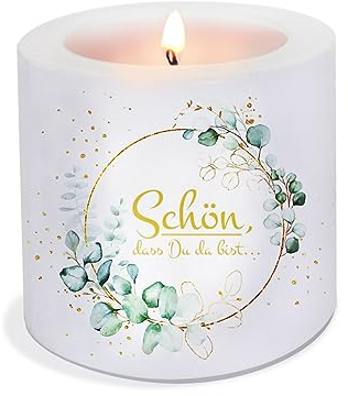 Kerze mit Spruch Schön, dass Du da bist als Tischdeko für Hochzeit, Geburtstag, Kommunion, Konfirmation, Taufe, Geburt. Kerze mit Motiv als originelle Deko Ø8 x Höhe 7,5cm