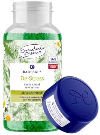 Dresdner Essenz Badesalz De-Stress 600g | wirkt entspannend mit ätherischen Ölen und magnesiumhaltigem Epsom-Salz | Badekristalle zur Entspannung und Stressreduzierung - mit Kamille, Hanf, Vetiver