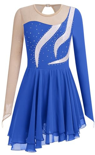 AFAVOM Figure Skating Dress for Women Girls Long Sleeve Mesh Sequin Rhinestone Ice Skating Dress Shiny Lyrical Ballet Dance Leotard Dress for Competition Performance Costume Dancewear Royal Blue XL