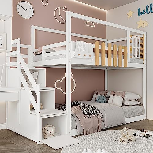 Gegtuon Kinderbett Etagenbett 90x200, Bett Bettgestell mit Stauraum Regal und Treppe, Hochbett mit Fenster & Gitter, Holzbett Hausbett mit Lattenrost und Rausfallschutz für Kinder, ohne Matratze, Weiß