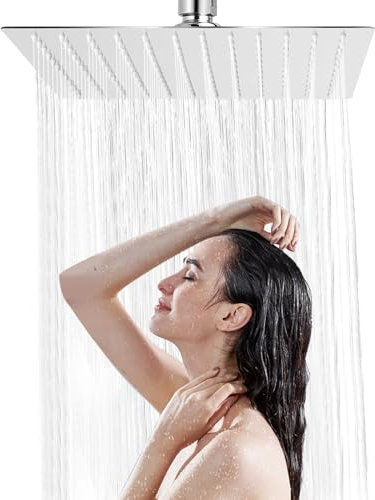Rain Shower Head 304 Stainless Steel Replacement Rainfall Shower Heads 10'' High Pressure Rainfall Showerhead with Angle Adjustment Silicone Jets for The Ultimate Shower Experience Silvery (Square)