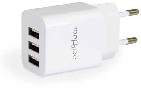 OcioDual Cargador USB, Cargador Carga rapida, Carregador USB Charger, Cargadores Moviles Carga Rapida. Fast Charger, 3X Puertos, 2.4A, 10W, Tablets, Smartphones, Blanco