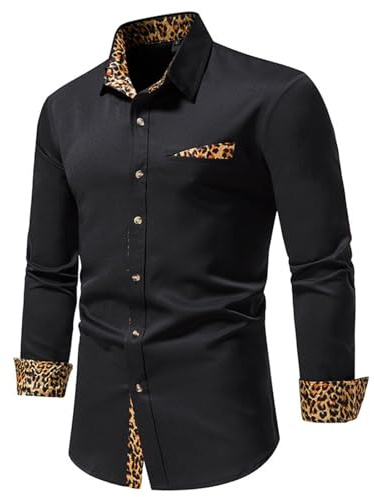Chemises pour hommes d'été Chemise en coton et en lin avec manches longues et col montant à poches Style vintage avec col debout et motif léopard Chemise confortable décontractée pour le quotidien