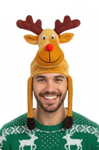 FASHION I LOVE Adult Red-Nosed Reindeer Christmas Hat with Dangling Legs Funny Hats Plush Novelty Secret Santa Gifts Joke Party Headwear Fancy Dress Costume Accessory for Men and Women (Reindeer Hat)