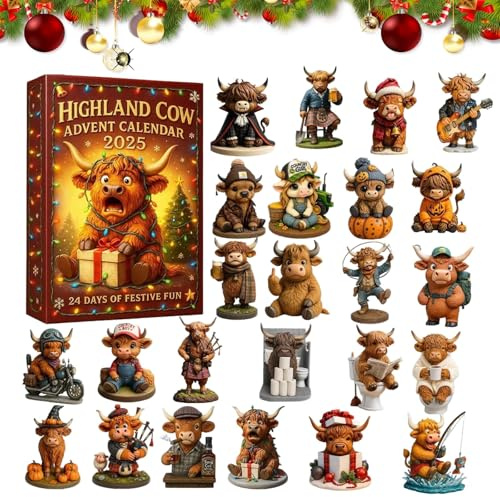 Highland Cow adventskalender 2025, 24 dagar jul nedräkningskalender med söta mini Highland ko prydnader, roliga helgdagar högland nötkreatur dekorationer för julgran hem väggdörr skrivbordsdekor (A)