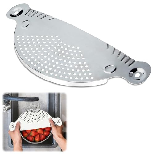 Foonary Colador de pasta de acero inoxidable y ayuda para verter ollas, 33 x 13,5 cm, placa de filtro de media luna, 430, pulido de espejo (325 g), multifuncional para lavar, verter pasta y tamizar