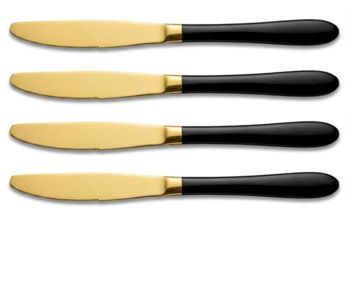 Set 4 Coltelli da Tavola Coltello da Colazione Bistecca Seghettati in Acciaio Coltelli da Cucina Lama 11 cm, Adatto per Carne Pomodoro Affettare Pane Posate Lavabile in Lavastoviglie Nero Lama Oro
