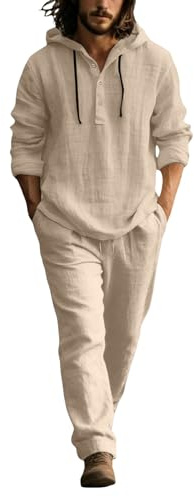Completo Estivo da Uomo 2 Pezzi Lino Cotone - Camicia Button Manica Lunga + Pantaloni Tinta Unita Traspirante Comodi - Set Casual Sportivo Spiaggia Vacanza Yoga Pigiama Palestra Fitness Tuta Completa