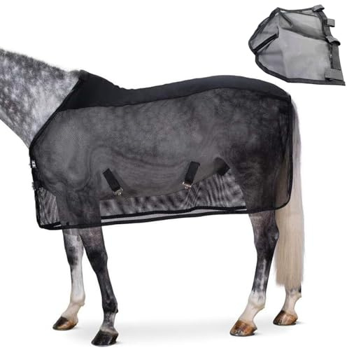 Manta antimoscas para Caballos Manta antimoscas de Malla Ajustable con Protector Nasal Transpirable protección contra Insectos para el Verano para pastos y Exteriores Negro tamaño 187 cm