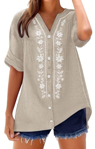 Chemise Femme Chic Et Elégant Vintage Sexy Sweat Femme Manches Chemise D'été en Lin pour Chemisier Élégant À Col en V pour Chemisier Blouse Tunique Grande Taille Hauts Tuniques Femmes Grande Taille