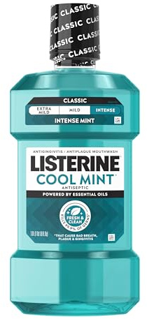 Listerine Cool Mint Intense Antiseptic Mouthwash, Daily Oral Rinse Kills 99.9% of Germs That Cause Bad Breath, Plaque and Gingivitis. for a Fresh, Clean Mouth, Intense Mint Flavor, 1 L