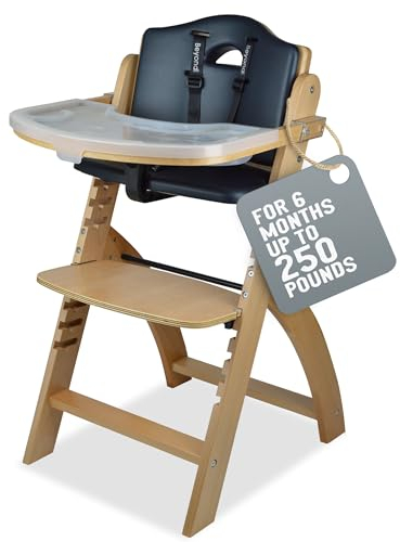 Abiie Beyond Junior Wooden High Chair with Tray - Adjustable and Convertible High Chair for Babies and Toddlers - 6 Months to 250 Lb - Water Resistant - Natural Wood/Black Pearl Cushion
