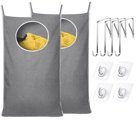 KEEPJOY 2Pack Space-Saving Hanging Laundry Bag, Door Laundry Hamper with 2 Different Types of Hooks, 30x20 Inch Oxford Fabric Laundry Storage Bag for Dirty Clothes (Grey-2Pack)
