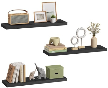 eSituro Floating Shelves, Set of 3 Large Black Wall Shelves,Simple to Install Wooden Shelf for Bedroom,Living Room,Kitchen,Display Storage Rack, Home Office Furniture Each Shelf 80x23x3.8cm
