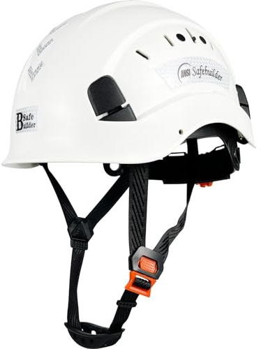 SAFEBUILDER ABS Work-at-Height and Rescue Hard Hat Construction Safety Helmet Slotted Ventilated w/Adjustable Ratchet 6-Point Suspension ANSI Z89.1-14 (01-White Safety Helmet)