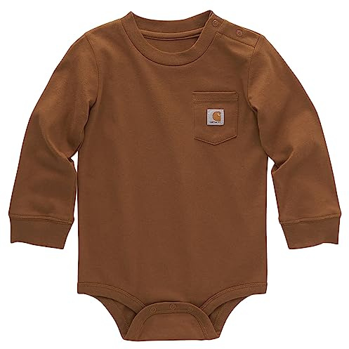 Carhartt Unisex Kids Bodysuit with Long Sleeve Pockets, Carhartt Brown, 18 Months