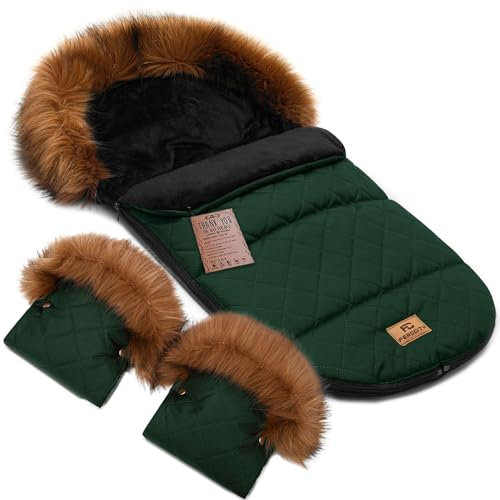 Baby Fußsack Minky WinterFußsack und Handmuff SET für Kinderwagen Maße 85 cm für Buggy Mit Rote Fell Kaputze Farbe Gesteppt Grün [071][073]