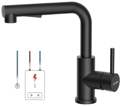 BLYLUND Schwarz Niederdruck Armatur Küche, Küchenarmatur mit Brause Ausziehbar, Drucklose Mischbatterie Küche, Spültischarmatur mit 2 Strahlarten, Wasserhahn für boiler
