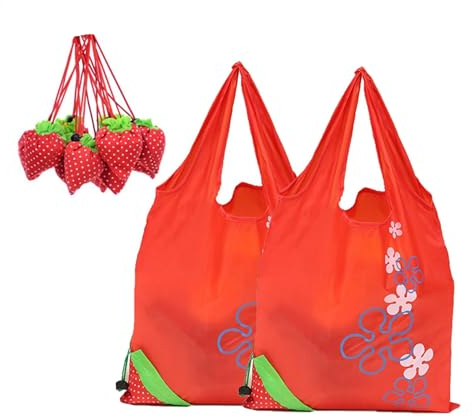 Wobestod 2 Stück Faltbare Einkaufstaschen Wiederverwendbare Erdbeere Einkaufstaschen ECO Umhängetasche Einkaufstaschen