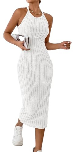 Sthxyfaith Womens Summer Dress Rib Sleeveless Knit Striped Print Halter Neck Bodycon Mini Dress Wedding Guest Dresses for Women
